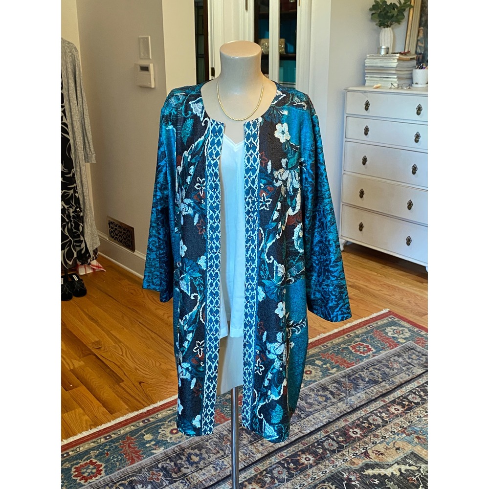 Chicos Travelers Reversible Folklore Mix Crush Jacket Peacock Teal Floral Size 3